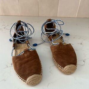 Tory Burch Brown Suede Espadrille Flats with leather ties.